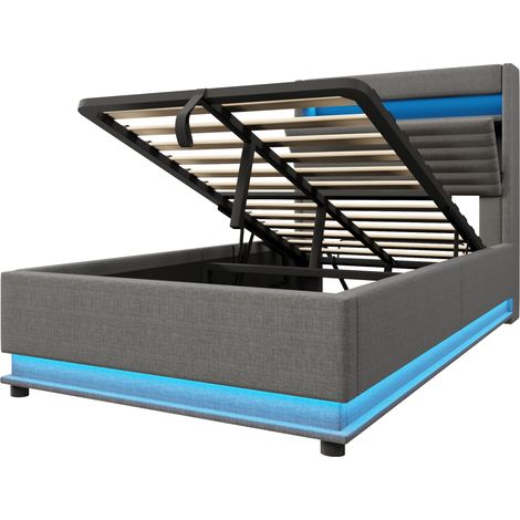 Polsterbett 90x200 cm aus grauem Leinen mit USB-C, LED und Hydraulik, ohne Matratze MODENUIT (1/5)