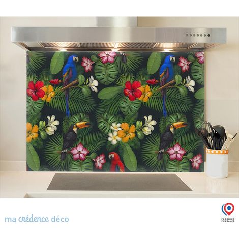 Fond de hotte : Fleurs et feuilles tropicales - Verre trempé - 90 cm - 60 cm (1/5)