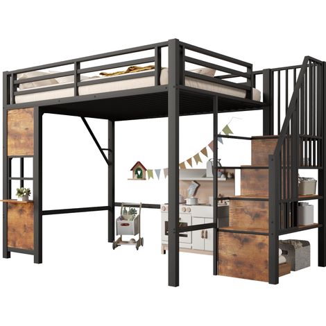 Lit mezzanine 140x200 cm en métal et MDF, avec escalier de rangement, grand espace ouvert dessous, garde-corps de sécurité, noir, sans matelas  CHICFURN (1/5)