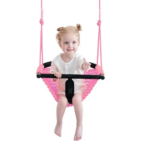 Balançoire tissée rose pour enfants avec ensemble de fixation complet – Balançoire en corde douce pour intérieur et extérieur, avec cordes, sangles de fixation et mousquetons