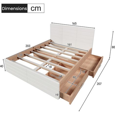 Bett mit Schubladen 160 x 200 cm, Doppelbett mit 2 Schubladen, ohne Matratze, Massivholz und MDF