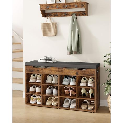 Banc à Chaussures, Étagère à Chaussures avec Siège, Banc avec Espace de Rangement, 12 Compartiments, Étagères Amovibles, Convient pour Salon, Entrée, 30 x 100 x 55 cm, Brun (1/5)
