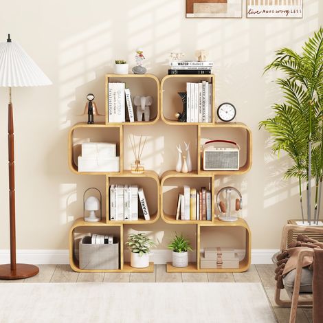 Bibliothèque en Forme de 'S' à 4 Niveaux Etagère en Bambou avec 4 Cubes Ouverts Etagère d'angle Géométrique Naturel (1/3)