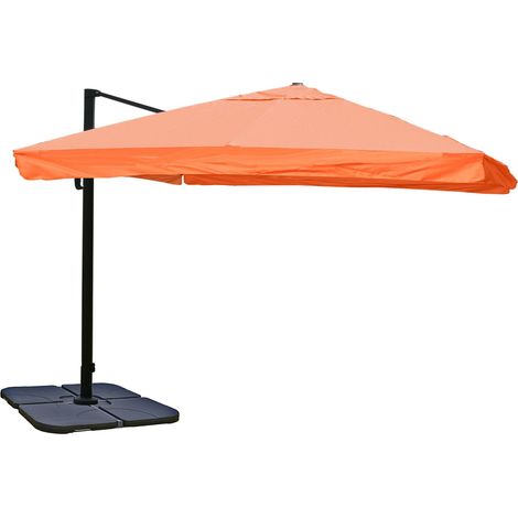 [NON UTILIZZATO] Ombrellone parasole decentrato HHG-185 3x3m con volante arancione girevole con base