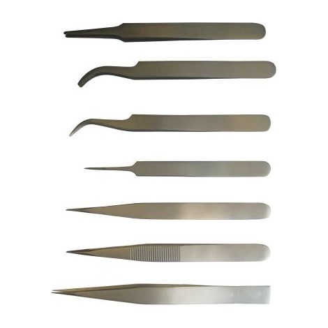 Kit de brucelles RS PRO KIT7T pointe Incurvé, Fin, Plat, Arrondi en acier austénitique à faible de teneur en carbone, ( Prix pour 1 )