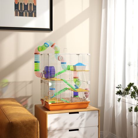 Cage pour hamster rongeur 5 étages avec tunnels mangeoire roue maison échelles 46L x 30l x 58H cm orange