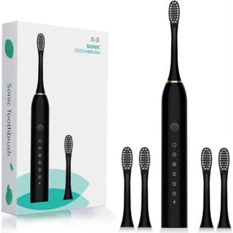 Brosse à dents électrique 6 vitesses - Rechargeable USB - Étanche - 4 brosses adultes/enfants - Noir