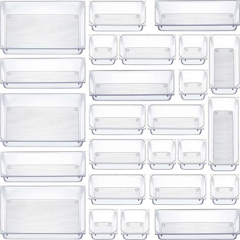 25 Stücke Schubladen Ordnungssystem mit 4 Größen, Schubladen Organizer, Klar Kunststoff Organizer Schublade, Schminktisch Organizer Einsetzbar für Makeup Organizer, Küchen, Bad, Büro (1/5)