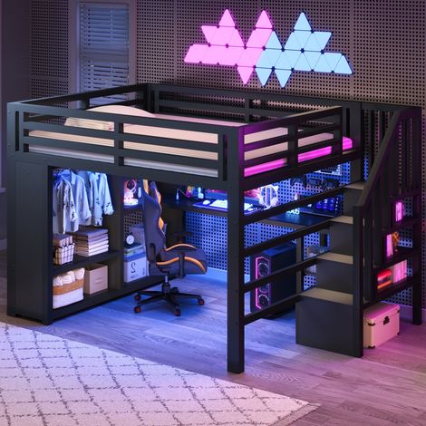 Lit mezzanine gaming en métal 140x200cm - bureau, garde-robe, éclairage LED et port USB, escalier et rangements, blanc (1/5)
