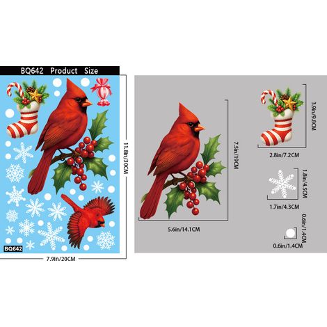Décoration de fenêtre de Noël, oiseau rouge mignon, décoration de porte et fenêtre vitrée pour chambre à coucher, autocollant de fenêtre à effet statique - BQ642 -