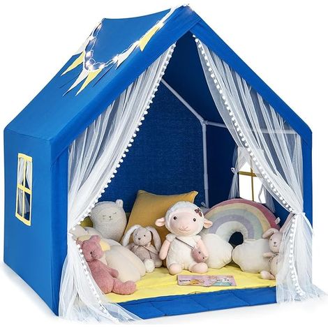 GOPLUS Tente de Jeu Enfants avec Tapis, Guirlande Lumineuse en Forme d'Étoile, Fenêtre et Rideau en Gaze, 122X105X125CM, Bleu (1/5)