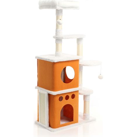 Fudajo Àrbol rascador para gatos blanco/marrón 125cm con sisal, cuevas y 2 cuevas/casitas (1/5)