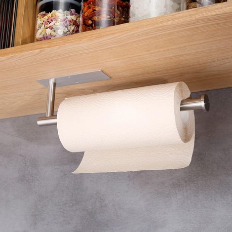 Porte-serviettes en papier, support mural adhésif sous armoire pour cuisine, salle de bain, sans perçage, acier inoxydable SUS304 épais, argent (1/5)