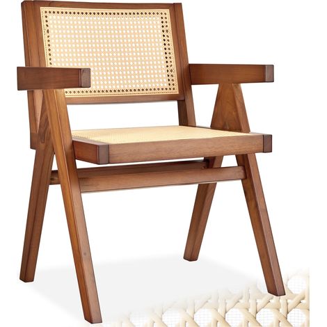 Tectake – Chaise de salle à manger cannage viennois – Chêne foncé – Assise 45 cm – Piètement robuste en bois massif – Style boho (1/5)