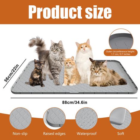 Tapis de Litière pour Chat Imperméable et Antidérapant Grand Format 88x56cm Collecteur de Litière en Silicone Lavable Souple avec Bords Élevés pour Maison et Voiture Grey