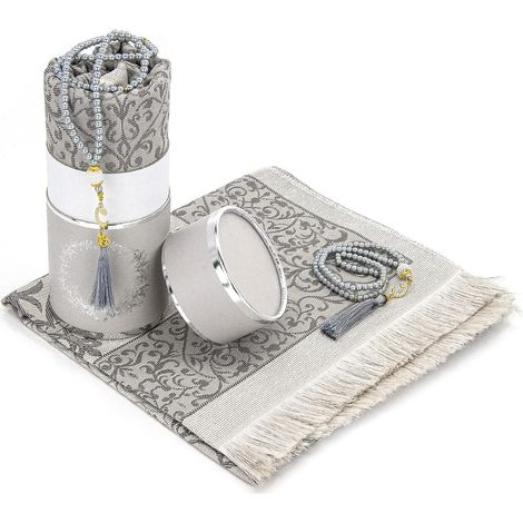 Tapis de prière Janamaz, Sajadah élégante et perles de prière dans un coffret cadeau cylindrique, Tissu taffetas gris, Ensemble cadeau islamique (1/5)