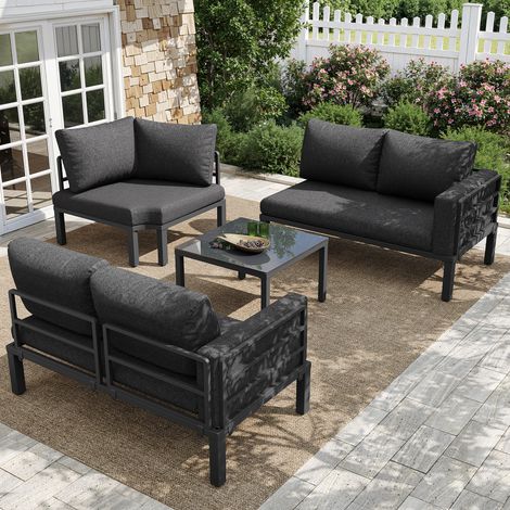 Ensemble de salon de jardin pour 4-5 personnes,canapé d'angle+1 table basse en verre trempé,structure en fer galvanisé avec pieds réglables(Gris) (1/5)