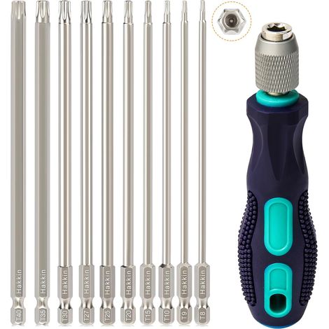 Lot de 10 embouts Torx longs T8-T40 150 mm avec trou 1/4" Torx pour visseuse à percussion S2 T15 T20 T25 avec poignée magnétique Jeu d'embouts pour visseuse sans fil (1/5)