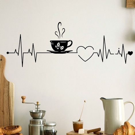 1 feuille Café Thé Stickers Muraux Tasses à Café Coeur Art Vinyle Autocollant Mur Art Autocollant Décor pour Cuisine Pub Café Salle à Manger Noir (1/5)