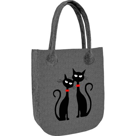 Borsa shopper da donna in feltro grigio città, stampa gatti neri, in feltro ecologico, con cerniera, adatta per formato A4, capacità di carico fino a 10 kg, produzione polacca, Arco Design. (1/5)