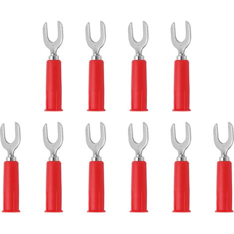 Lot de 10 connecteurs de câbles à fourche, type banane, en laiton, aspect PVC, trou de 4 mm (0,2 po), fiche électrique en U de 8 mm (0,3 po), rouge. (1/5)