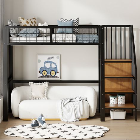 Letto rialzato bambini 90x200 cm con armadio aperto e ripiani portaoggetti, struttura in metallo, senza materasso, nero (1/5)