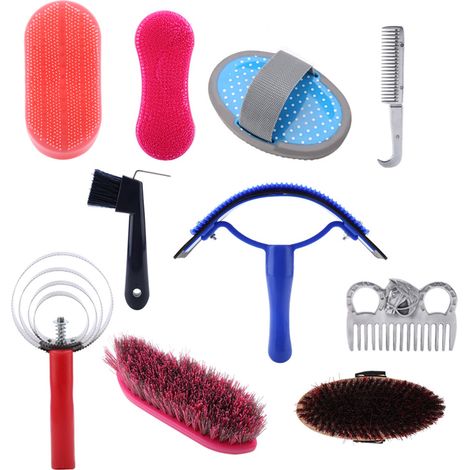 Kit de toilettage pour chevaux 10 pièces comprenant brosse, étrille et outils de nettoyage. (1/5)
