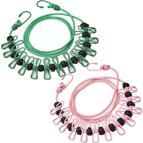 2er-Pack tragbare Reisewäscheleinen, einziehbare tragbare Reisewäscheleinen mit 12 Wäscheklammern, zum Trocknen von Wäsche zu Hause, auf Reisen und im Freien (rosa + grün) (1/4)