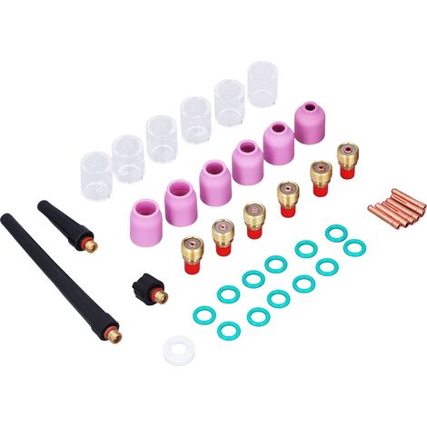 40-teiliges Zubehörset für WIG-Schweißbrenner: Spannzange, Aluminiumoxiddüse, Gaslinse, Glasbecher für WP‑9/20/25 (1/5)