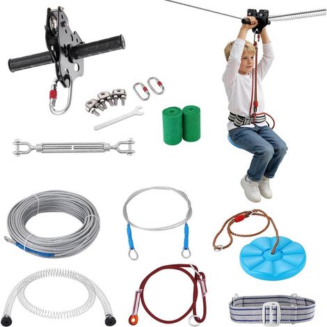 18,3 m 150 kg Kit Tyrolienne Jardin Jeu et Activité Plein Air avec Frein Ressort et Harnais pour Enfants et Ados (1/5)