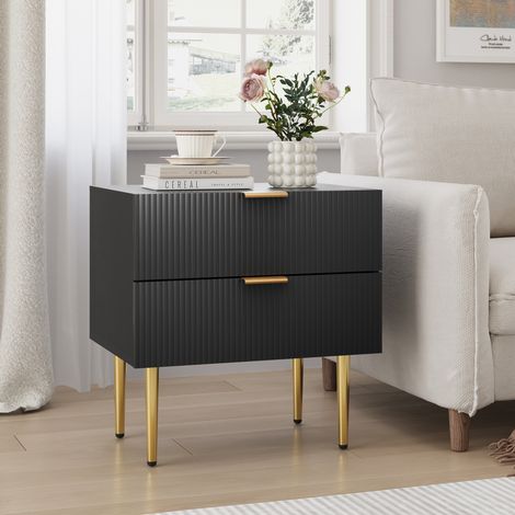 Mesita de noche moderna (64.5x48x15 cm) con 2 cajones, diseño de ranuras, MDF y metal negro (1/5)