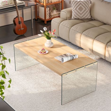 48" Modern Tempered Glass Coffee Table Floating Wood Board Side End Table Living Room Furniture (1/5)