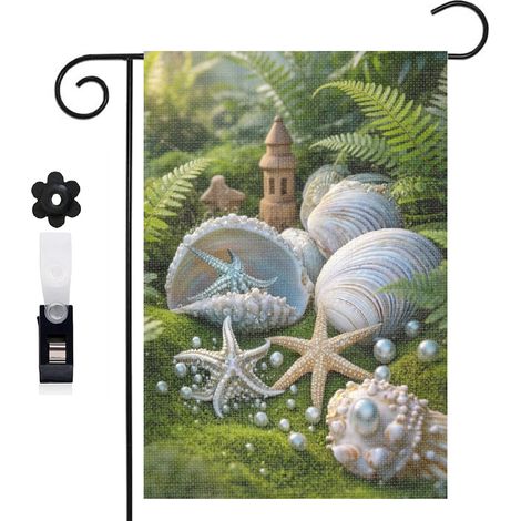 Drapeau de jardin bienvenue 30 x 45 cm motif coquillages et perles marines toile double face résistante (1/5)