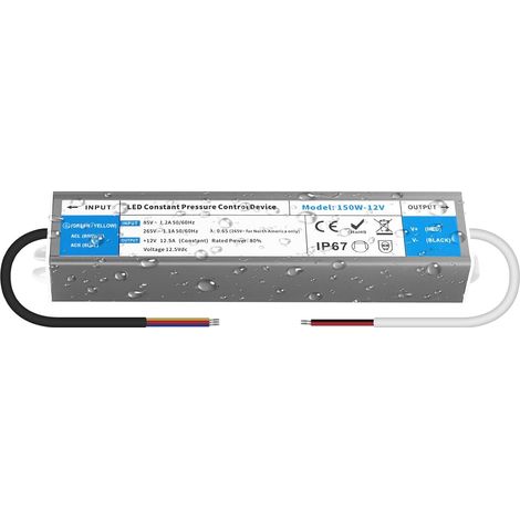 Transformateur 220V AC à 12V DC 12,5A 150W Convertisseur 12V Alimentation LED Driver IP67 Etanche Conducteur à Tension Constante Ultra Mince Adaptateur Transfo pour Bandes LED et Luminaires LEDs (1/5)