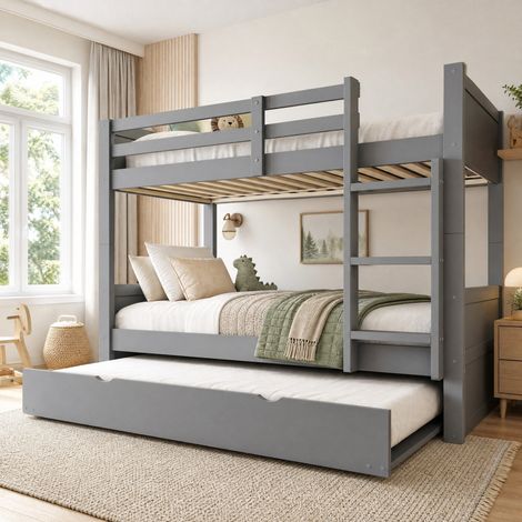 Litera con cama nido (205x102x139.1 cm), convertible en dos camas individuales, con barandilla, escalera y somier, madera gris (1/5)