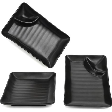 Service de 3 assiettes japonaises pour gyoza avec compartiment à sauce, plats de service rectangulaires en mélamine noire de 7,5 x 4,5 pouces, pour rouleaux de sushi, apéritifs, encas, cuisine domesti (1/5)