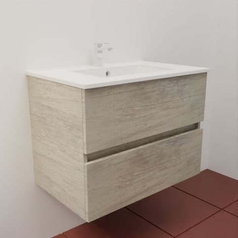 Meuble salle de bain suspendu 70 cm ROSALY INOX- Bois- Plan vasque en Céramique (1/4)