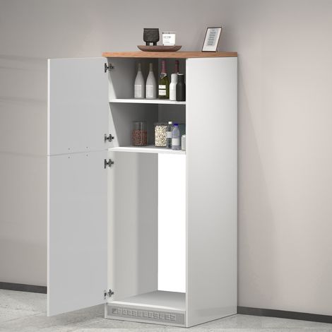 Dmora - Despensa de cocina Plinio, Mueble multiusos, Mueble frigorífico de 2 puertas, 100% Made in Italy, 60x60h165 cm, Blanco brillo y roble (1/5)
