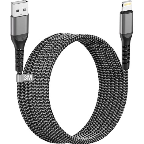 Câble Lightning [Certifié MFi] 3M pour iPhone 14 Pro Max/13/12 Mini/11/XS/SE/8/7, iPad - Chargeur Rapide Nylon USB avec Cordon Apple