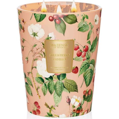 Bougie parfumée 3 mèches grande taille fraise vanille cire soja 150h décoration intérieure cadeau femme 990g (1/5)