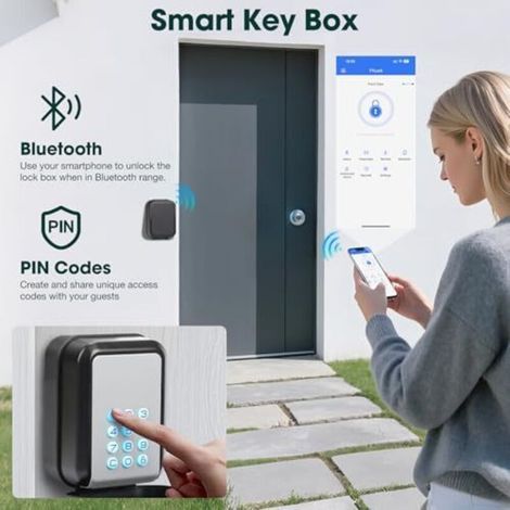 Coffre-fort à clés intelligent, coffre-fort à clés Bluetooth prenant en charge l'application TTLock et le code PIN avec code à 12 chiffres Convient pour maison, garage, appartement, l (1/4)