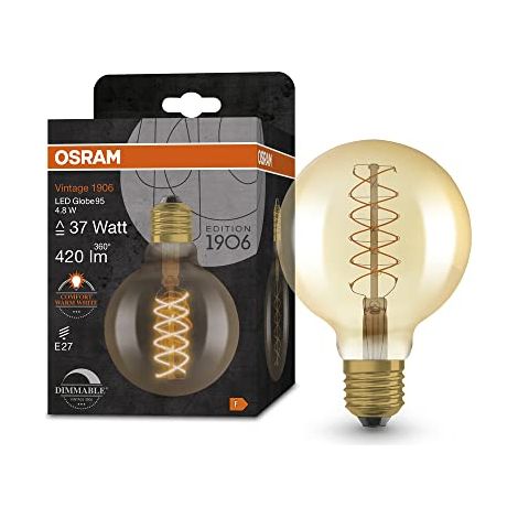 OSRAM Lampada LED Vintage 1906 vetro dorato, 4,8W, 420lm, forma Globo con diametro 95mm e attacco E27, luce bianca calda, filamento a spirale, dimmerabile, durata fino a 15.000 ore (1/4)
