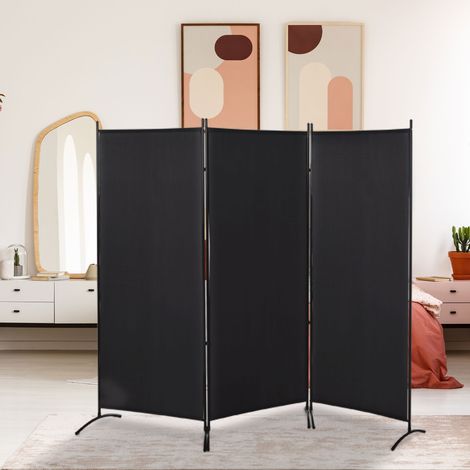 3-teiliger Raumteiler 253x50x182 cm, faltbar, mit 6 schwarzen Metallfüßen