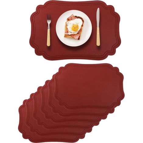 Lot de 6 sets de table imperméables, en cuir synthétique bordeaux, faciles à nettoyer, résistants à la chaleur, lavables et décoratifs. (1/5)