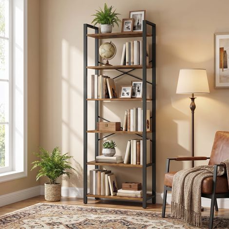 Bibliothèque à 6 Niveaux, Bureau, Salon, Chambre, Cuisine, Marron et Noir (1/5)