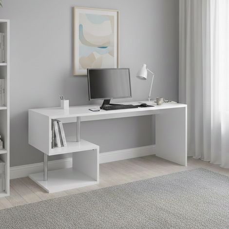 Bureau Samuel, Bureau PC Linéaire, Table de bureau polyvalente, Bureau gain de place multi-positions, 180x60h78 cm, Blanc brillant (1/5)