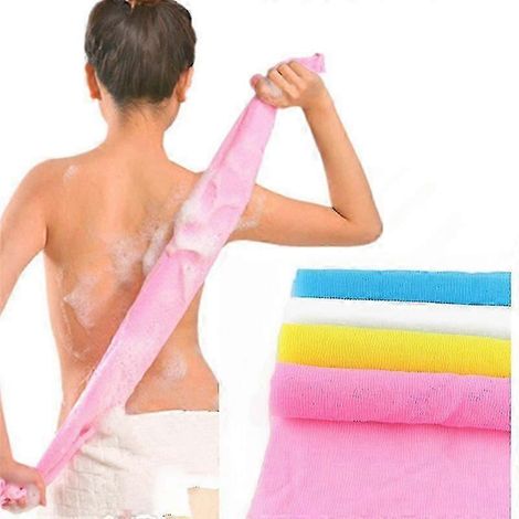 Lot de 4 serviettes de bain exfoliantes extra longues (89 cm) en nylon, coloris jaune, bleu, vert et rose. (1/3)