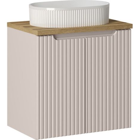 Set VANO cachemire e quercia 60cm: mobile sottolavabo con armadietti + top per lavabo + lavabo da appoggio bianco scanalato