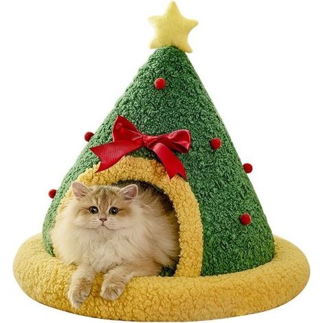 Panier de Noël pour chat, maison pour chat en forme de sapin de Noël, lit de Noël chaud pour animaux de compagnie, lit d'intérieur portable pour chat, Noël (1/5)