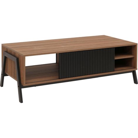 Mesa de centro HHG-155, mesa de salón, mesa de sofá, compartimentos de almacenamiento, puerta corredera, MDF, metal, melamina, 42 x 120 x 60 cm, natural